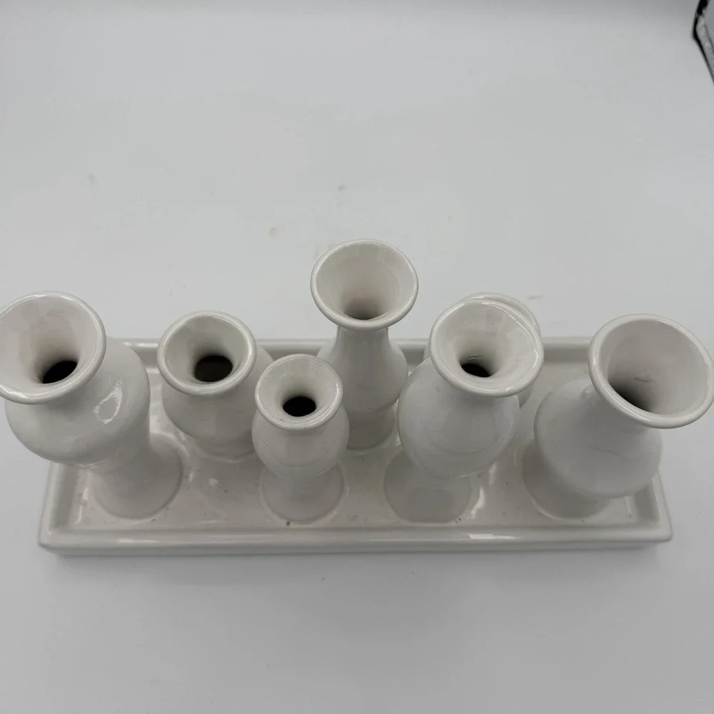 Ceramic Bud Vase Set with Seven Attached Vases on Rectangular Tray Cottagecore